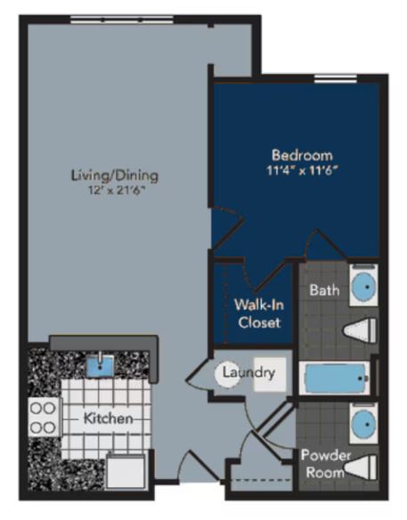 A floor plan of a small apartment with a living/dining area